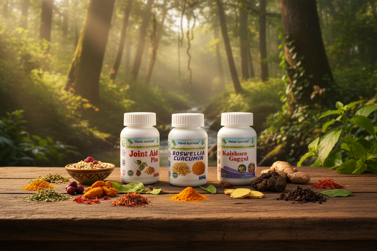Pakovanja Joint Aid Plus, Boswellia Curcumin i Kaishore Guggul sa ajurvedskim začinima na drvenom stolu, vizuelna podrška za ishranu kod artritisa