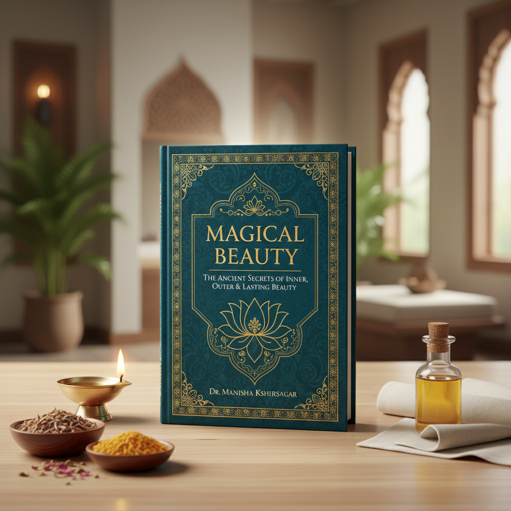 Knjiga „Magical Beauty“ na stolu sa svećom, biljkama i uljem u spa ambijentu, inspiracija za prirodnu negu kože