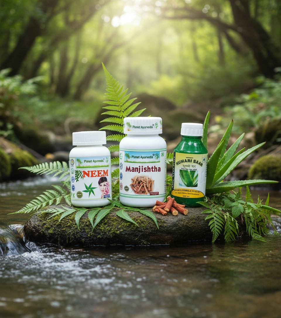 Proizvodi Planet Ayurvede Neem, Manjishta i Kumari Saar postavljeni na kamen pored potoka sa alojom i paprati, prirodna nega kože u prirodnom ambijentu.