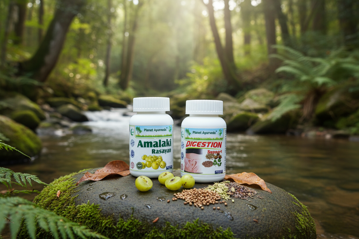 Amalaki Rasayan i Digestion Support od Planet Ayurveda sa amla plodovima i začinima, prirodna podrška kao deo ishrane kod gastritisa
