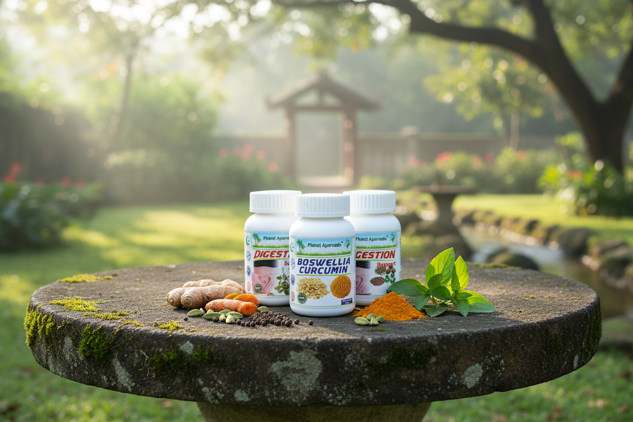 Planet Ayurveda suplementi Boswellia Curcumin i Digestion u prirodnom ambijentu, predlog kombinacije sa mlekom od belog luka za podršku varenju i upali.