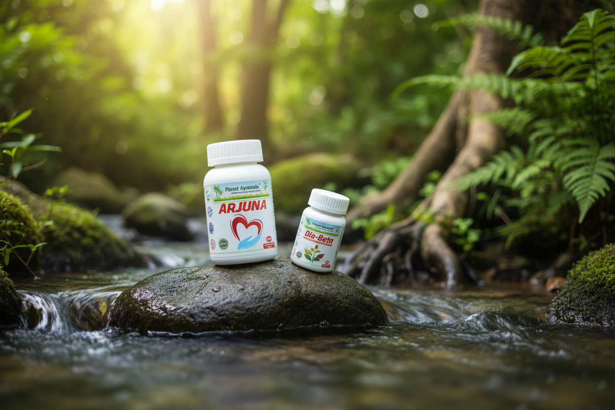 Proizvodi Planet Ayurvede Arjuna i Dia-Beta na kamenu u planinskom potoku, povezano sa zdravstvenim prednostima cimeta