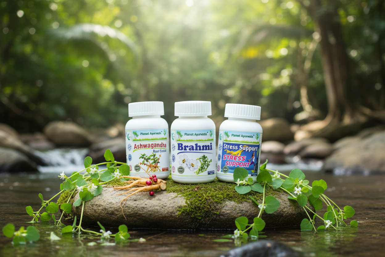 Proizvodi Planet Ayurveda Ashwagandha, Brahmi i Stress Support u prirodnoj sceni, zdravstvene prednosti čaja od kamilice.