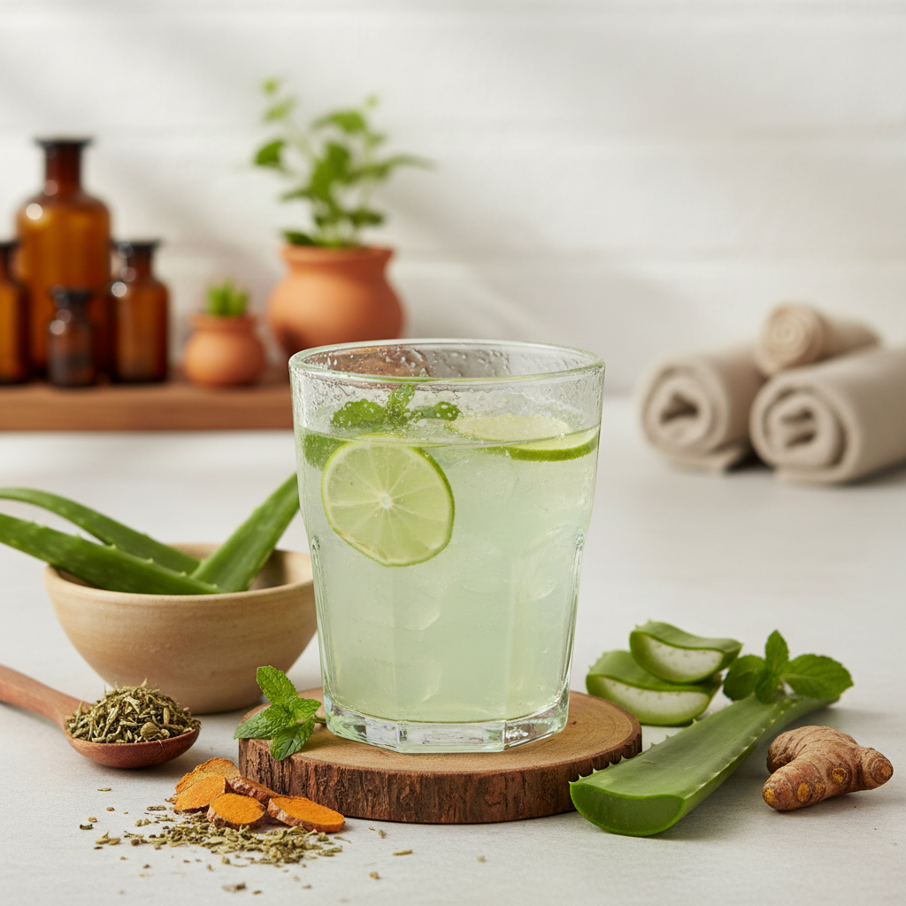 Čaša aloe vera pića sa limetom i nanom, sa svežom alojom i začinima u pozadini, pića za hidrataciju bez dodatog šećera.