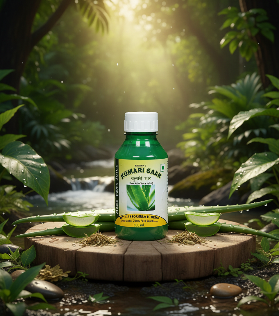 Flaša Kumari Saar aloe vera soka na drvenoj podlozi u zelenoj prirodi, sa svežim listovima i komadima aloje, pića za hidrataciju.