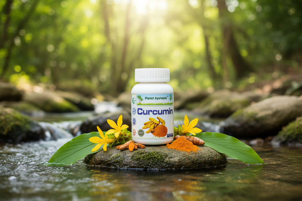 Bočica Curcumin od Planet Ayurveda na steni pored reke, koja sadrži aktivne sastojke kurkume potrebne za pripremu moćnog mleka od kurkume.