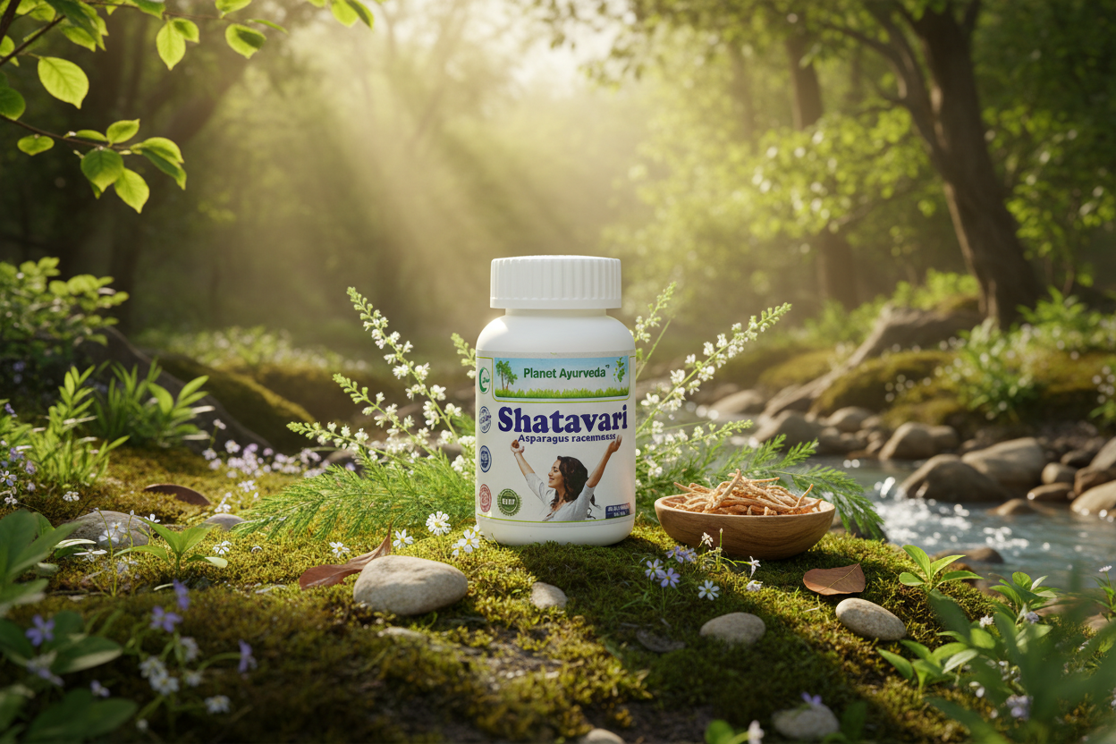 Proizvod Shatavari od Planet Ayurvede postavljen u prirodno okruženje, kao herbalni dodatak koji ide u kombinaciji sa svakim zdravim doručkom za trudnice.