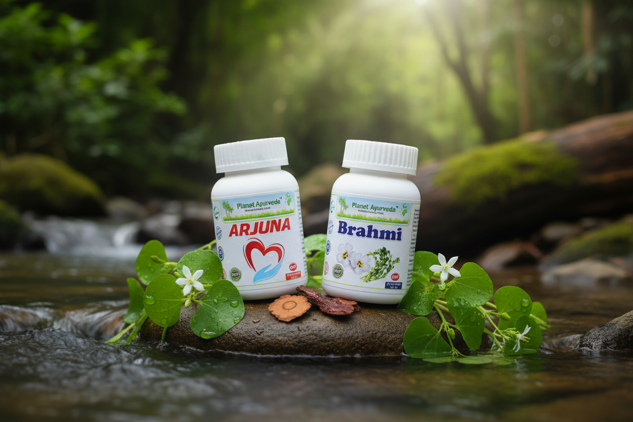 Prirodne ajurvedske kapsule Arjuna i Brahmi od Planet Ayurveda za podršku srcu i smanjenje krvnog pritiska.