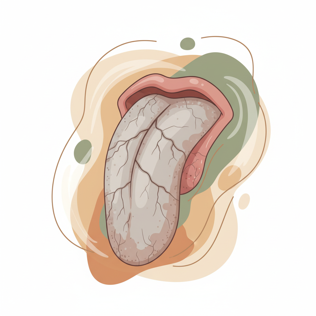 Ilustracija suvog jezika sa pukotinama i sivkastim naslagama karakterističnim za Vata neravnotežu, kao primer onoga što jezik govori o zdravlju i akumulaciji toksina.