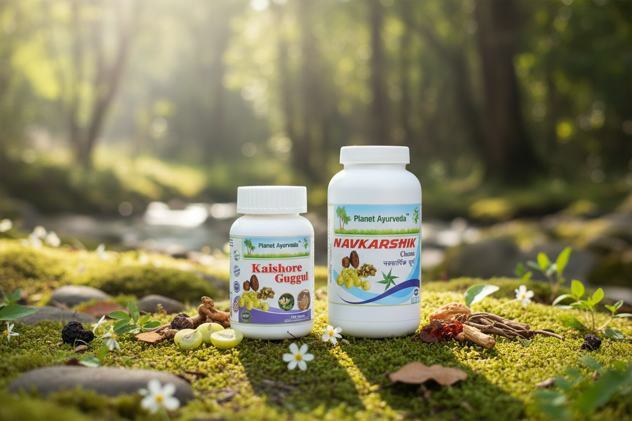 Ajurvedski biljni suplementi Kaishore Guggul i Navkarshik Churna od Planet Ayurveda, postavljeni u prirodno šumsko okruženje sa biljkama, koji pomažu za prečišćavanje krvi.