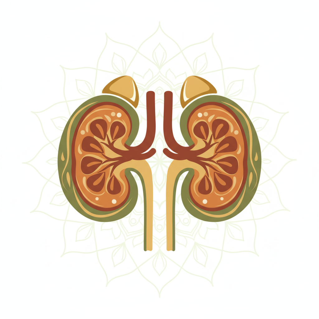 alt="Stilizovana ilustracija ljudskih bubrega sa mandala pozadinom, koja vizualizuje temu uticaja semena paradajza i kamena u bubregu na zdravlje."