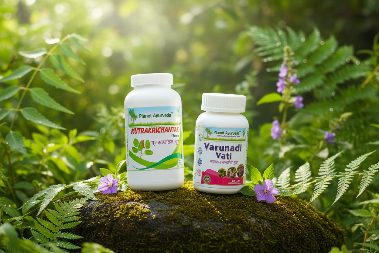 alt="Bočice sa Mutrakrichantak Churna i Varunadi Vati od Planet Ayurveda postavljene u prirodno okruženje, predstavljene kao prirodna rešenja za probleme povezane sa semenom paradajza i kamenom u bubregu."
