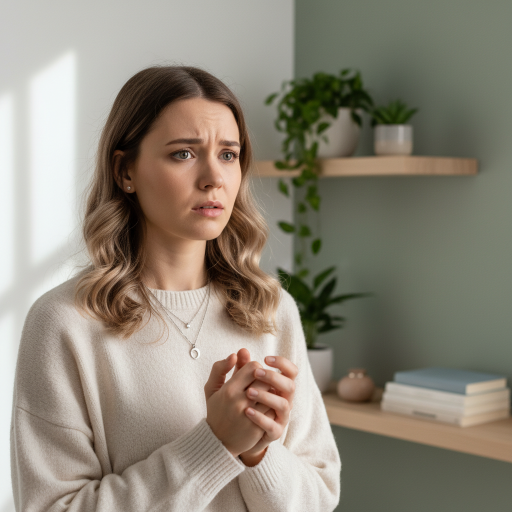 Žena sa anksioznim i zabrinutim izrazom lica, što je jedan od čestih psiholoških simptoma koji prate stanja hormonalnog disbalansa kod žena.
