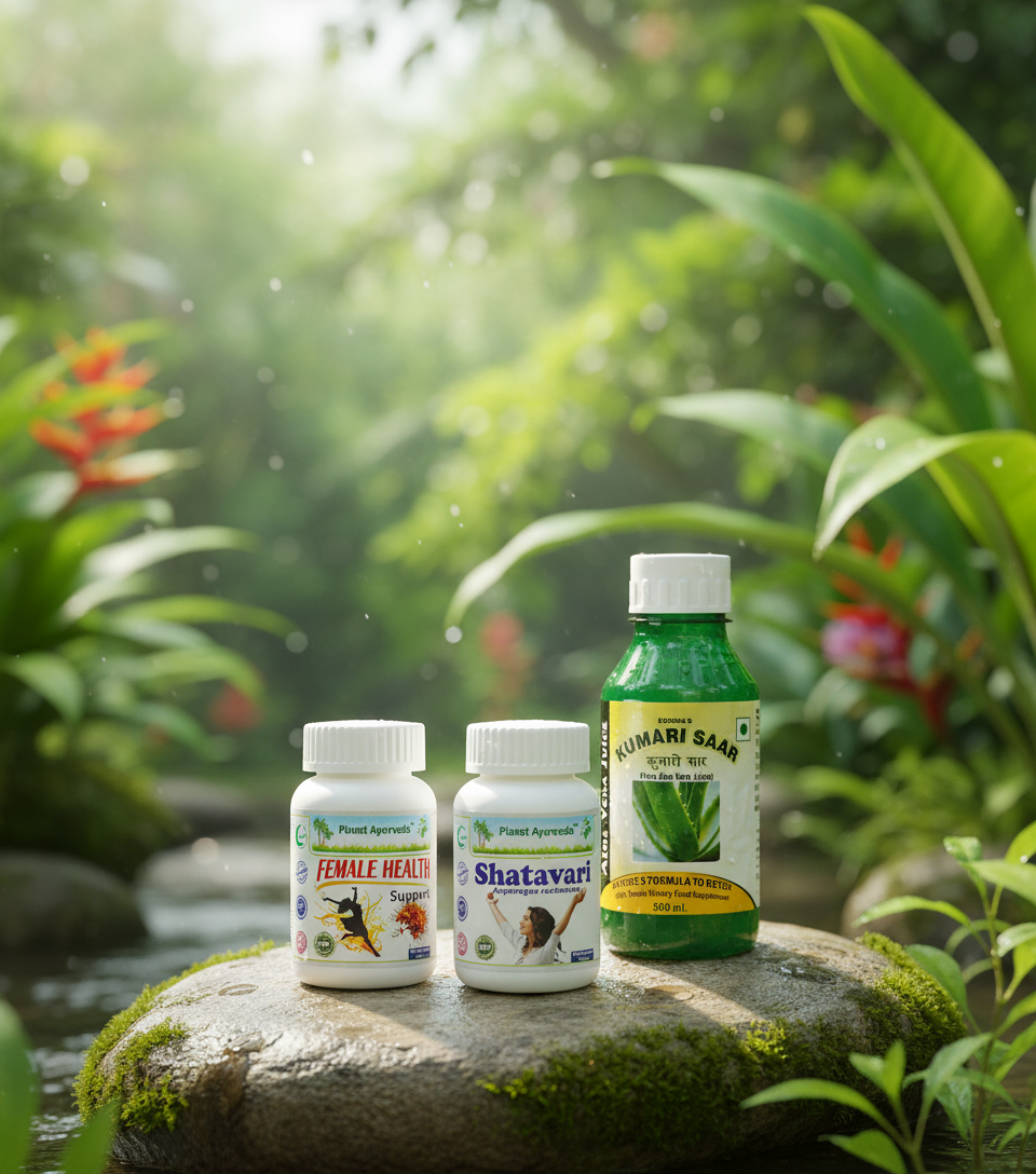Prirodni ajurvedski suplementi Shatavari, Female Health Support i sok od Aloe Vere (Kumari Saar) kao rešenje za hormonalni disbalans kod žena.