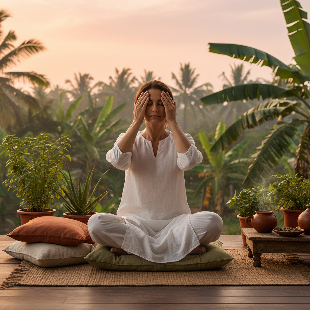 Žena u meditativnom položaju koja praktikuje tehniku palminga kao deo svojih svakodnevnih vežbi za zdrave oči.