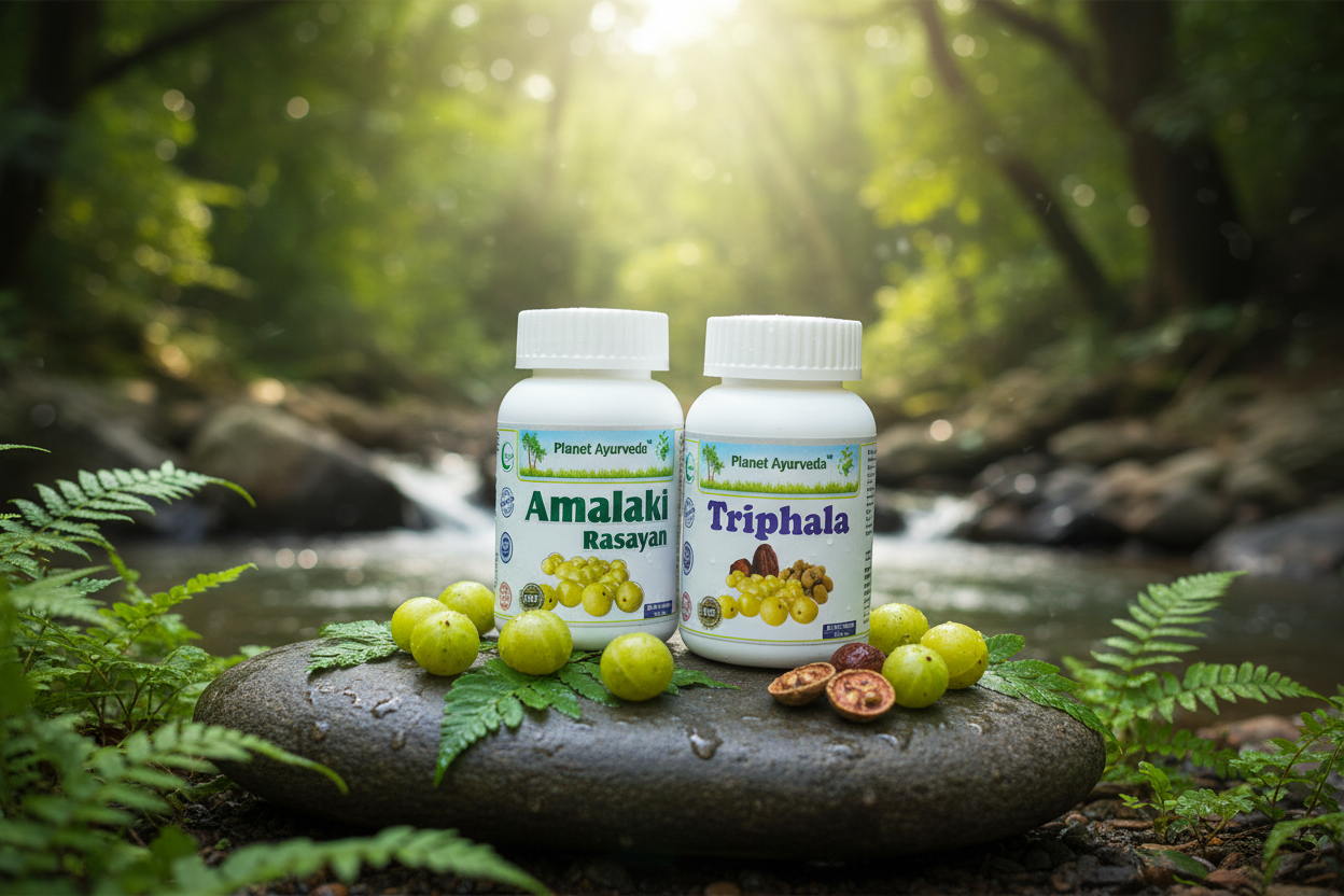 Ajurvedski dodaci Amalaki Rasayan i Triphala od Planet Ayurveda za podršku vašim vežbama za zdrave oči.