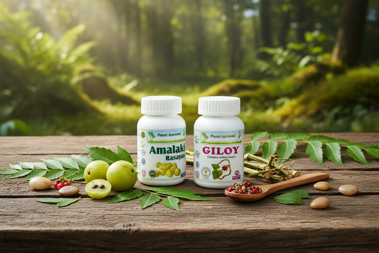 Proizvodi Amalaki Rasayan i Giloy od Planet Ayurveda na drvenom stolu sa svežim biljem, preporučeni kao dodatak prirodnom leku od meda i belog luka za imunitet.