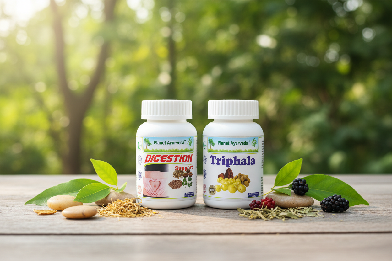Planet Ayurveda proizvodi Digestion Support i Triphala koji pomažu kod digestivnih problema izazvanih lošim kombinacijama hrane.