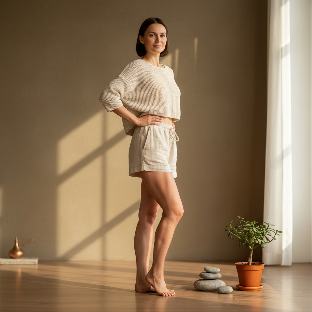 Žena u opuštenoj pozi u prirodnom okruženju, promovišući holistički pristup nezi koji uključuje kore od voća za kožu.