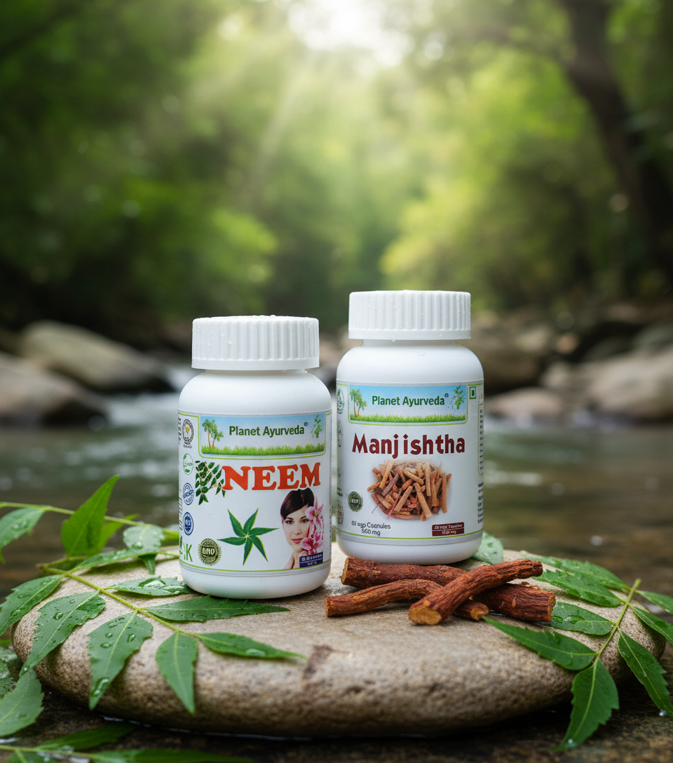 Proizvodi Nim i Mandžista od Planet Ayurvede u prirodi, koji su idealna unutrašnja podrška tretmanima korama od voća za kožu.