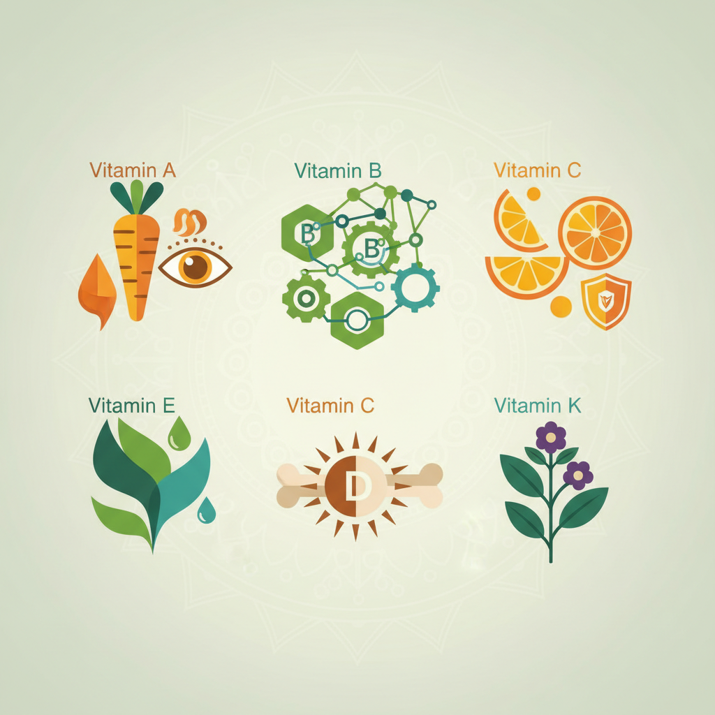 Ilustracija esencijalnih Vitamina i prirodnih izvora predstavljenih kroz stilizovane ikone za vitamine A, B, C, D, E i K