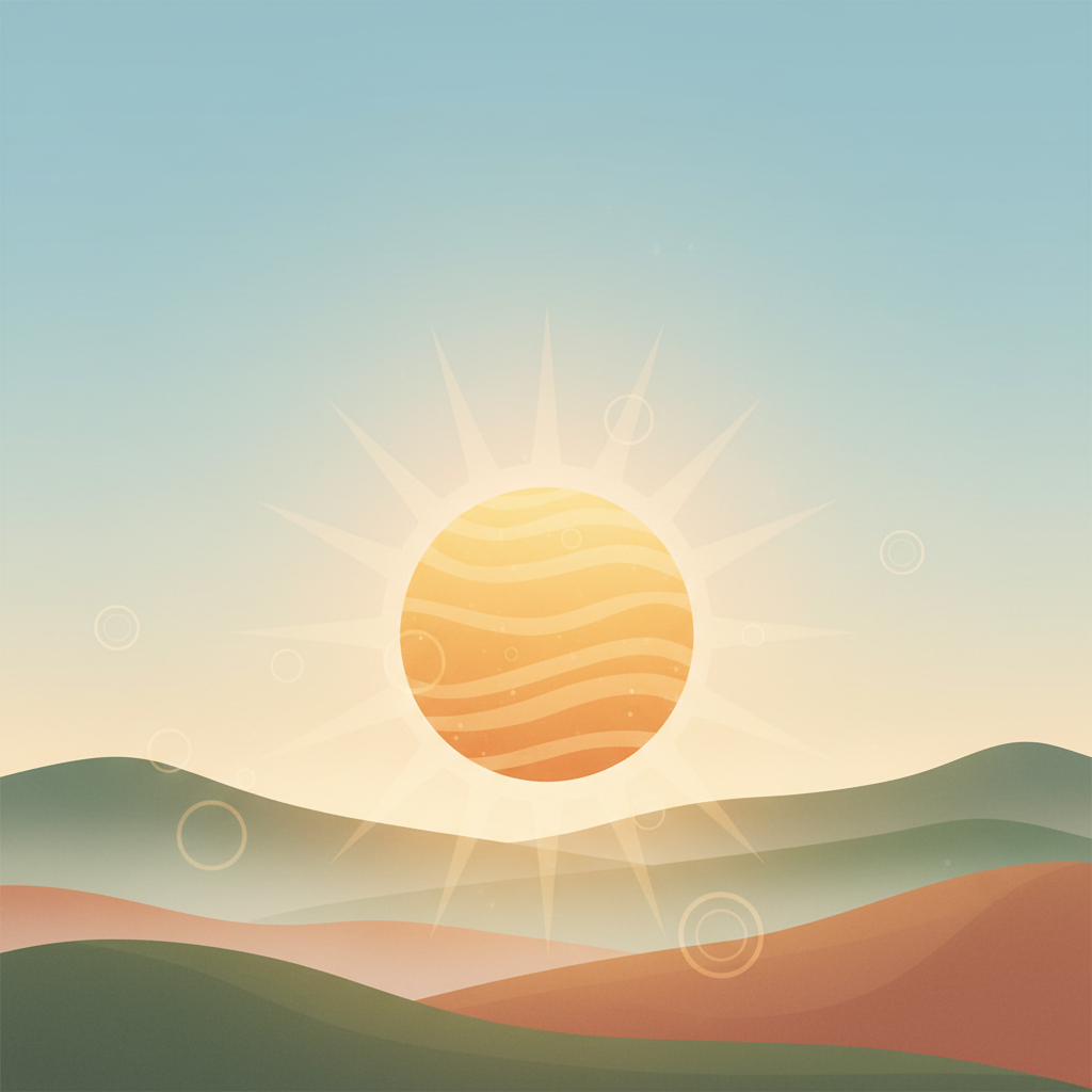 Umetnička ilustracija sunca koje je ključno za sintezu Vitamina D, nadopunjujući druge Vitamine i prirodne izvore u telu