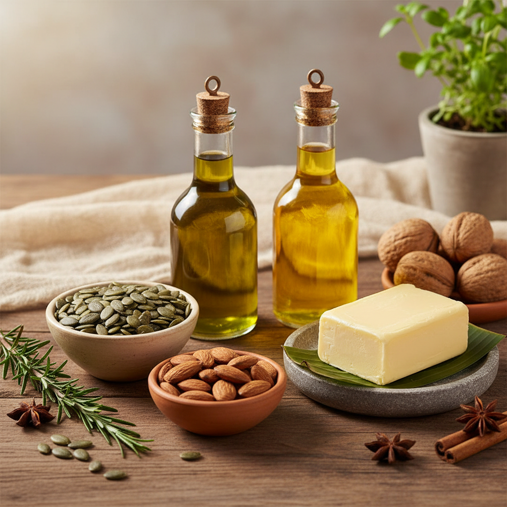 Hladno ceđena ulja, semenke bundeve, puter i bademi koji su bogati Vitaminom E, prikazani kao važni Vitamini i prirodni izvori za vitalnost