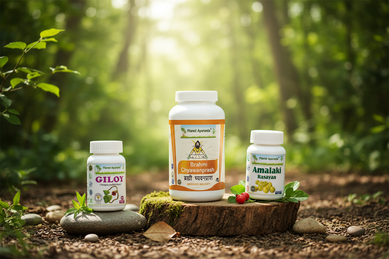 Prirodni suplementi od Planet Ajurvede (Giloy, Brahmi Chyawanprash i Amalaki Rasayan) fotografisani u prirodi kao najbolji koncentrisani Vitamini i prirodni izvori