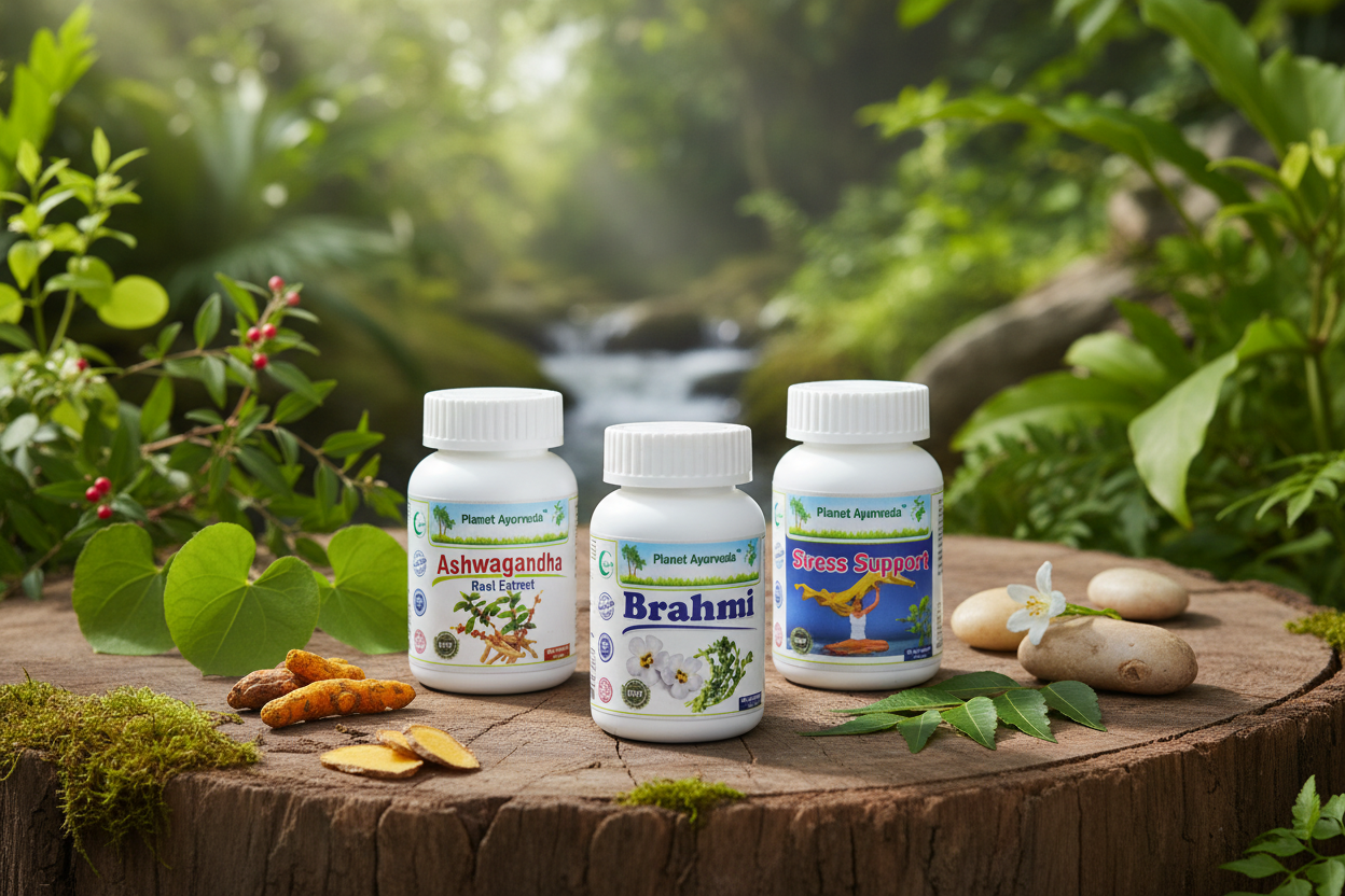 Prirodni herbalni dodaci od Planet Ayurveda (Ashwagandha, Brahmi i Stress Support) postavljeni na panju u prirodi, koji se preporučuju za tretman Ajurvede i nesanice.