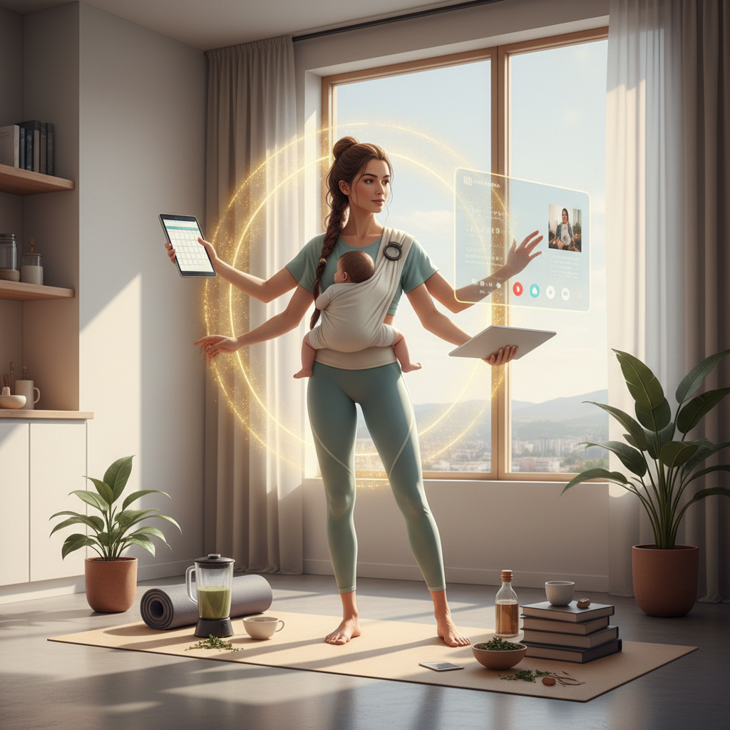 Savremena multitasking žena koja balansira između karijere i majčinstva, puna energije zahvaljujući Female Health Support-u.