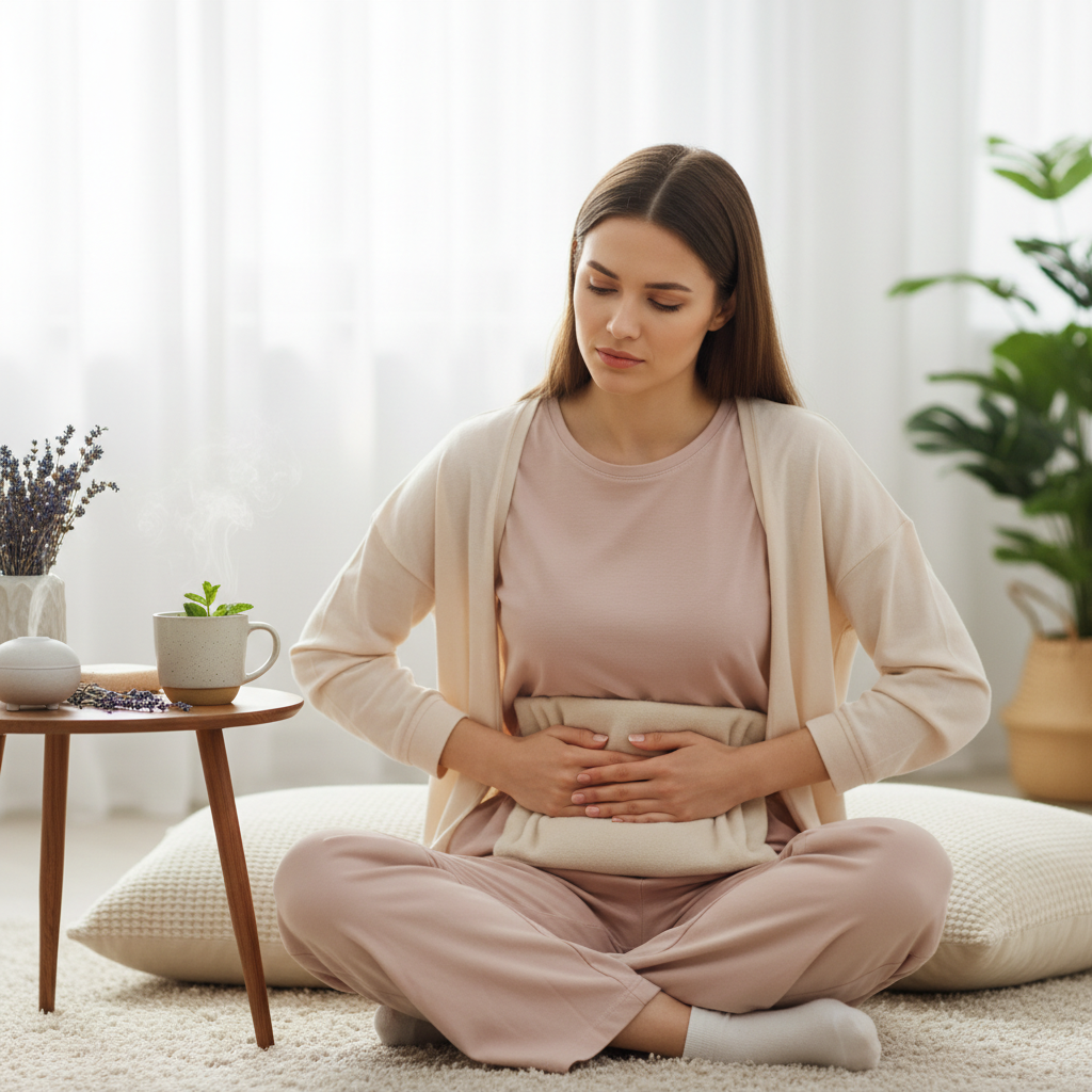 Žena koja oseća menstrualne grčeve i neprijatnost u stomaku, simptomi koji se ublažavaju prirodnim dodatkom Female Health Support.