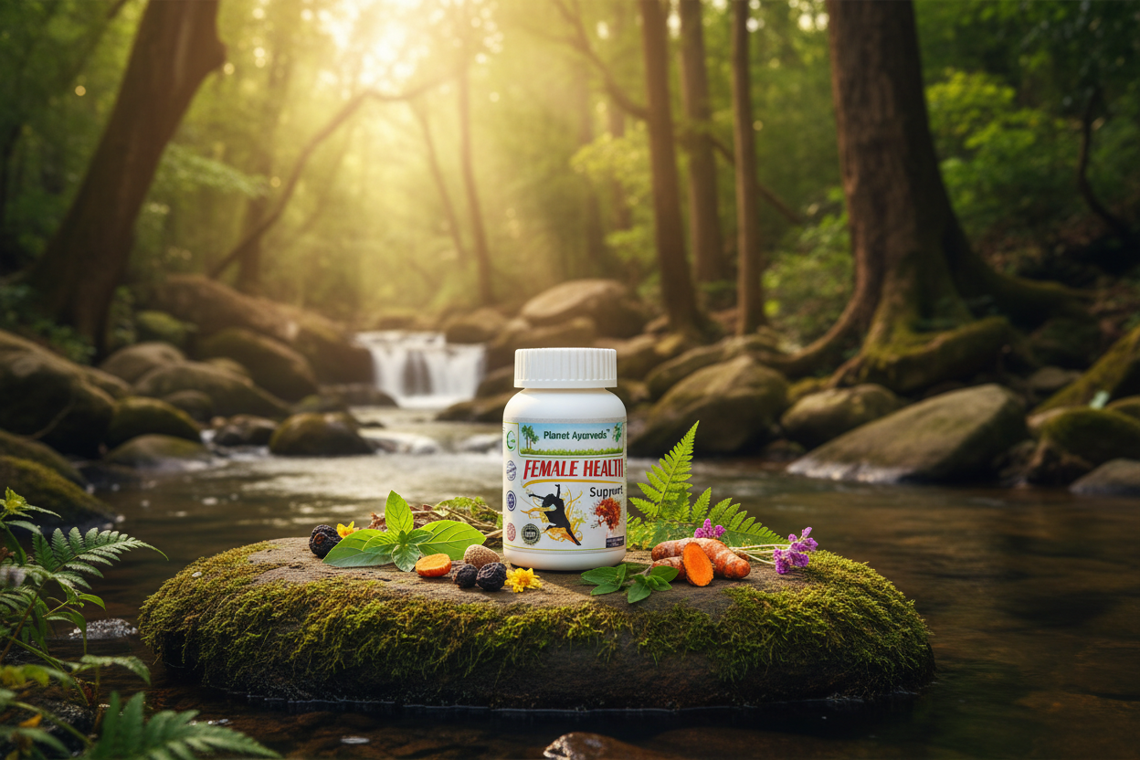 Bočica proizvoda Female Health Support od Planet Ajurvede postavljena u prirodi, simbolizujući prirodno rešenje za žensko reproduktivno zdravlje.