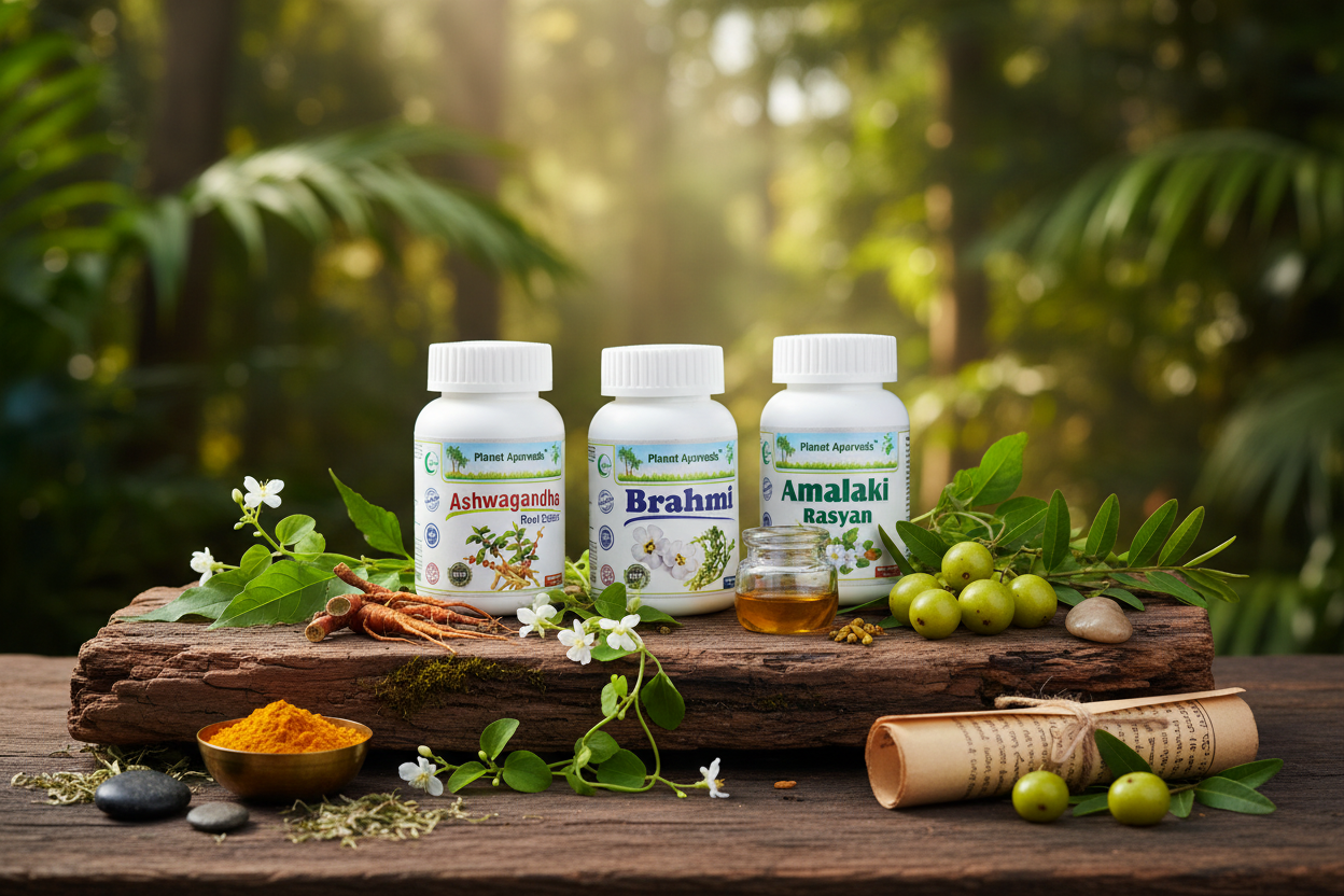 Prirodni dodaci Ashwagandha, Brahmi i Amalaki od Planet Ayurvede za podršku vašim jutarnjim navikama za zdravlje.