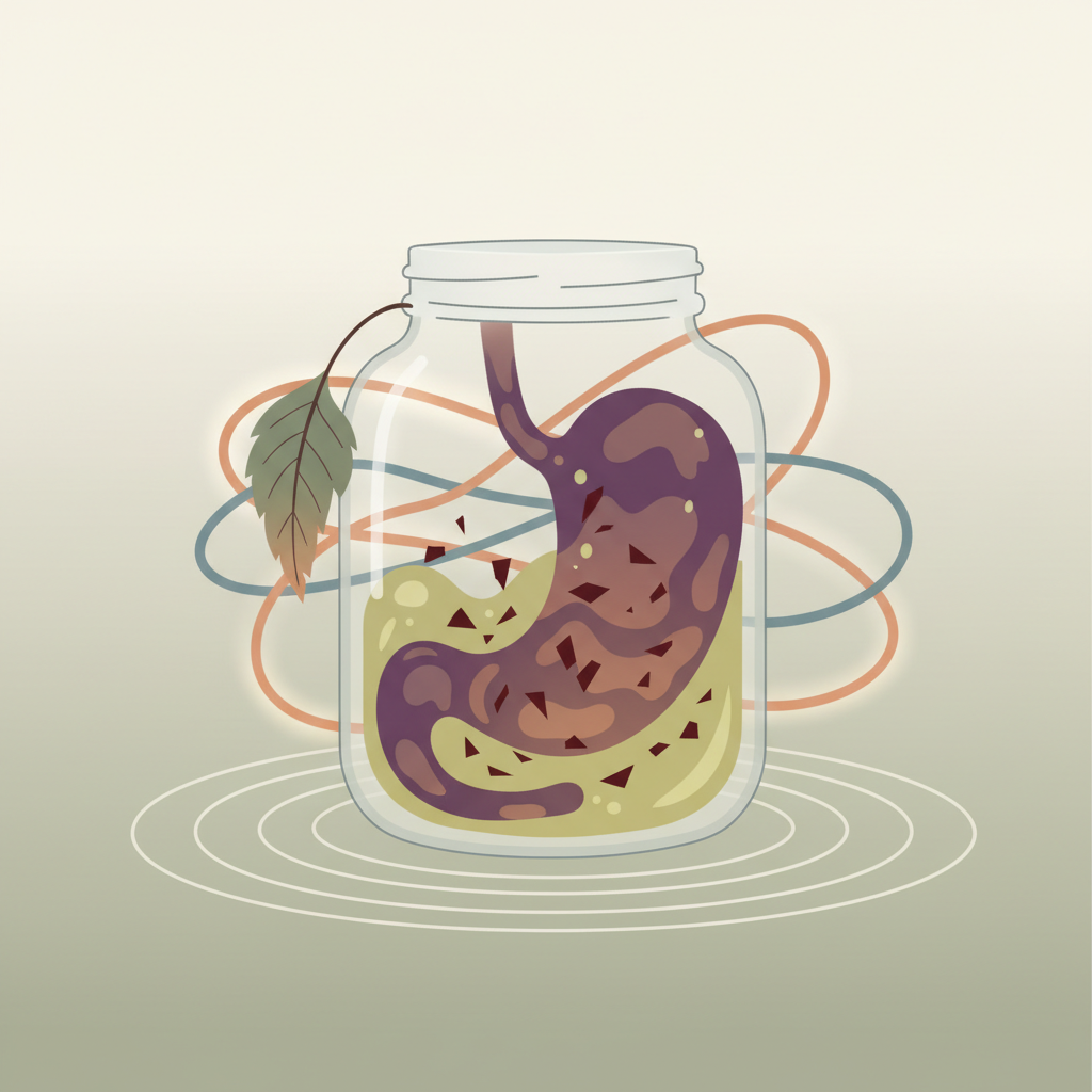 Ilustracija digestivnog procesa i fermentacije u želucu kao posledica jedenja voća posle obroka.
