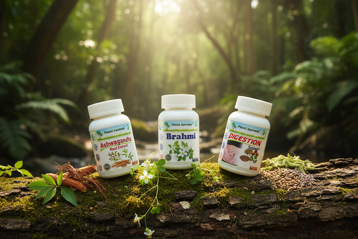 Ajurvedski suplementi Ashwagandha, Brahmi i Digestion Support za podršku telu pri nedostatku vitamina B1.