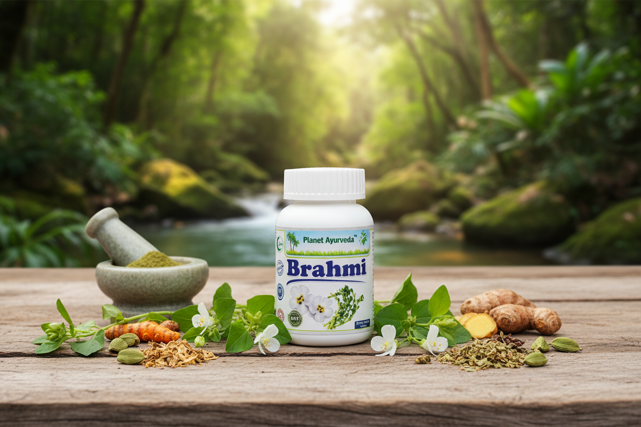 Pakovanje Brahmija (Bacopa monnieri) od Planet Ayurvede okruženo svežim biljem i začinima u prirodnom okruženju za bolju memoriju.
