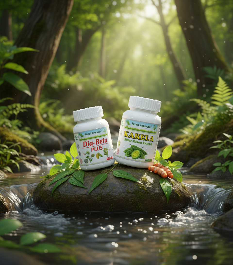 Prirodni suplementi Karela i Dia-Beta Plus od Planet Ayurveda za podršku ajurvedskoj dijeti za dijabetes.