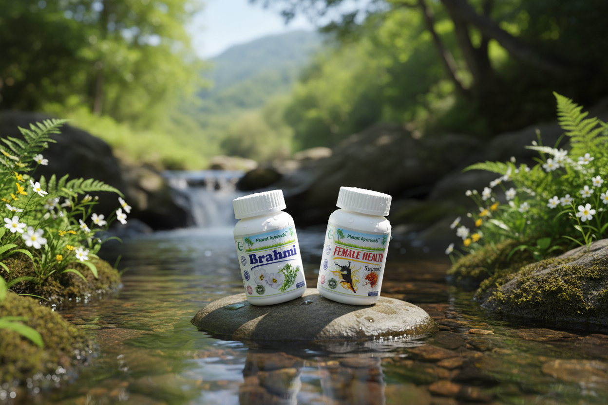 Prirodni ajurvedski dodaci Brahmi i Female Health Support od Planet Ayurveda za hormonalni balans.