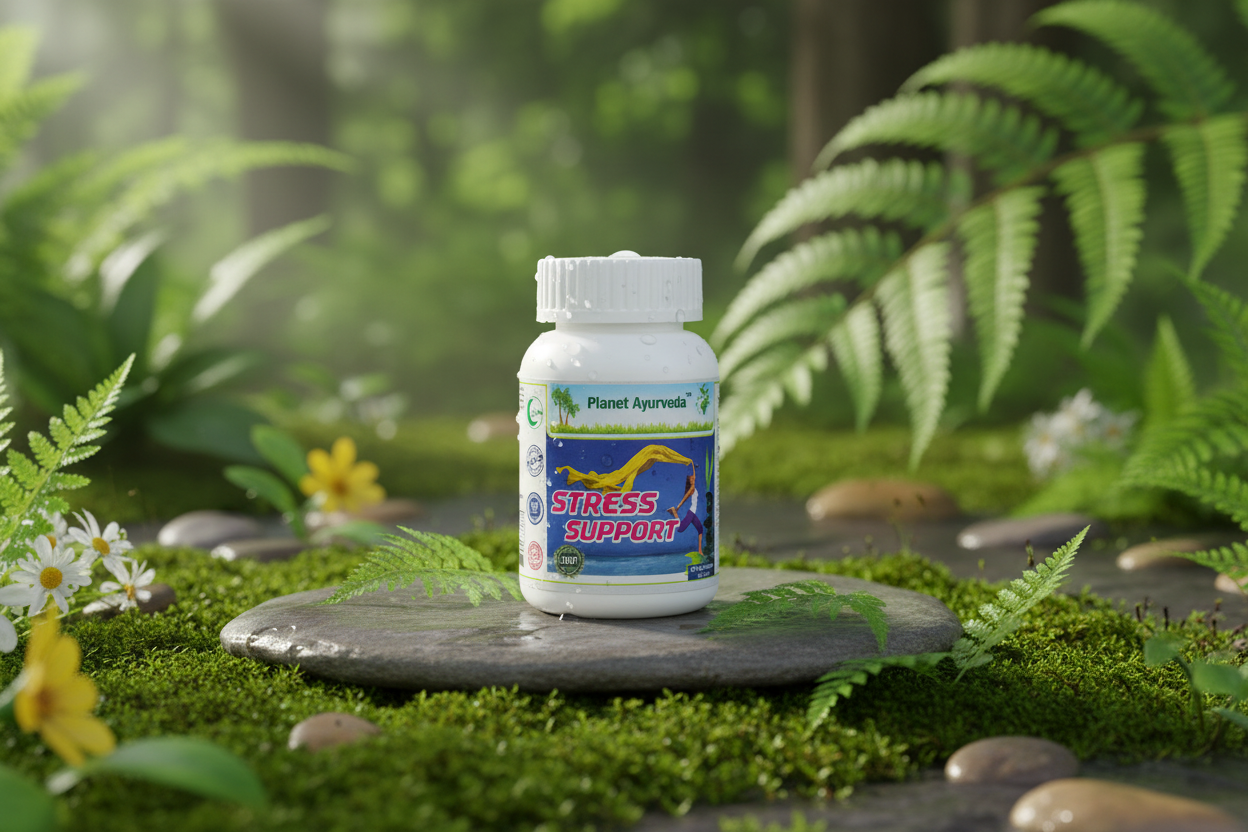 Dodatak ishrani Stress Support od Planet Ayurveda za prirodnu kontrolu stresa i holesterola.