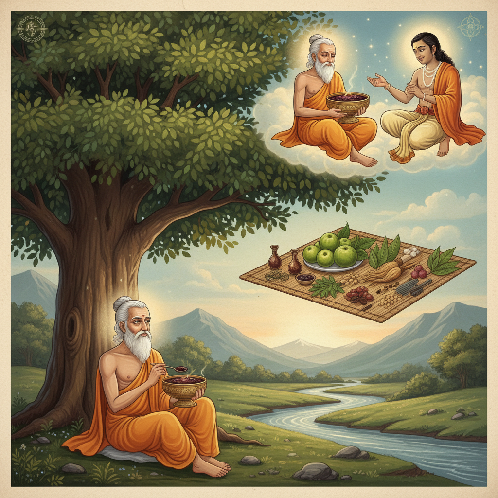 alt="Ilustracija drevne legende gde mudrac Čuavan prima recept, sa prikazom prirodnih biljaka i sastojaka koji čine Brahmi Chyawanprash za imunitet i vitalnost."