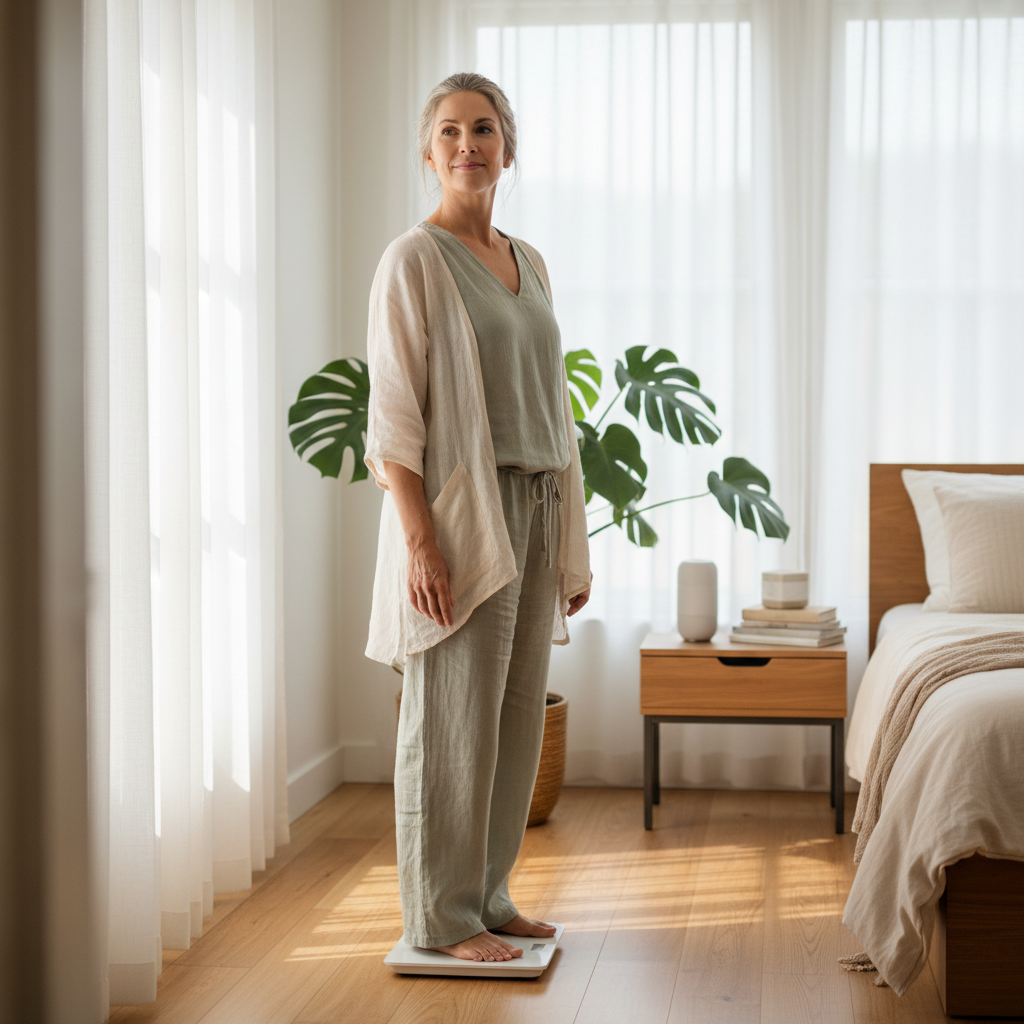 alt="Sredovečna žena koja stoji na vagi za merenje telesne težine, kontrolišući povećanje kilograma kroz promene u životnom stilu i prirodni tretman menopauze."