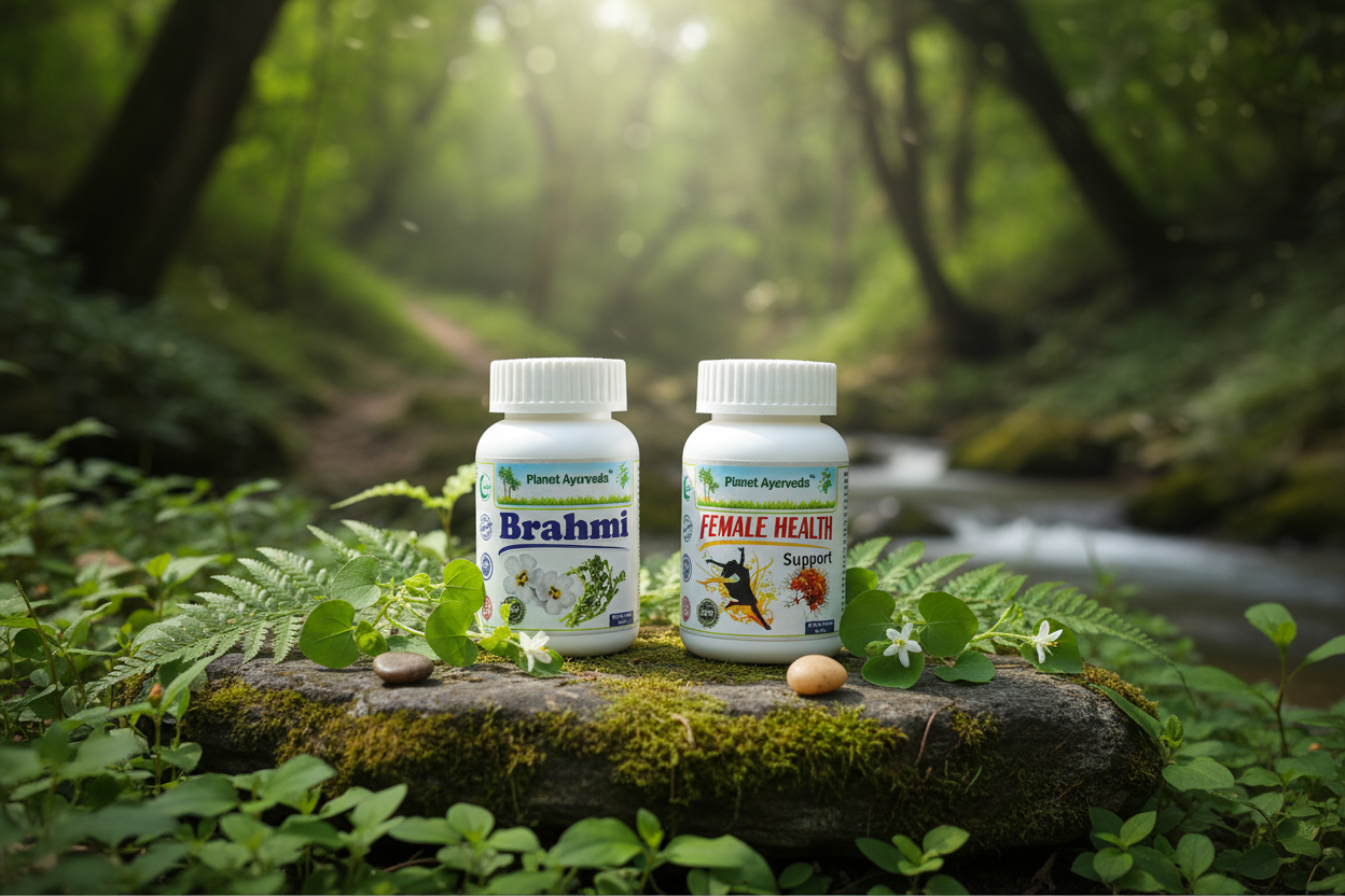 alt="Prirodni biljni dodaci Brahmi i Female Health Support postavljeni na steni u šumi, koji se koriste kao prirodni tretman menopauze za hormonalni balans."