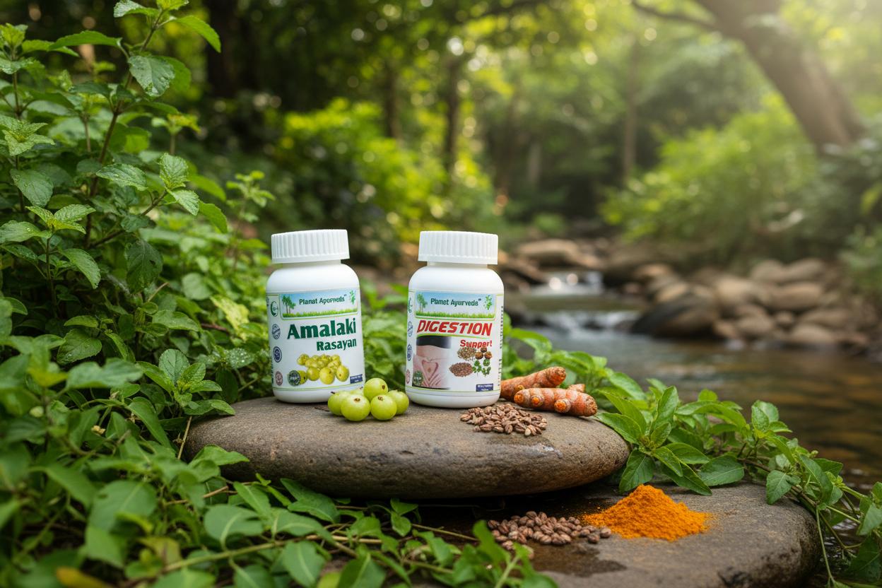 Prirodni proizvodi Amalaki Rasayan i Digestion Support od Planet Ayurvede u kombinaciji sa svežim super voćem.