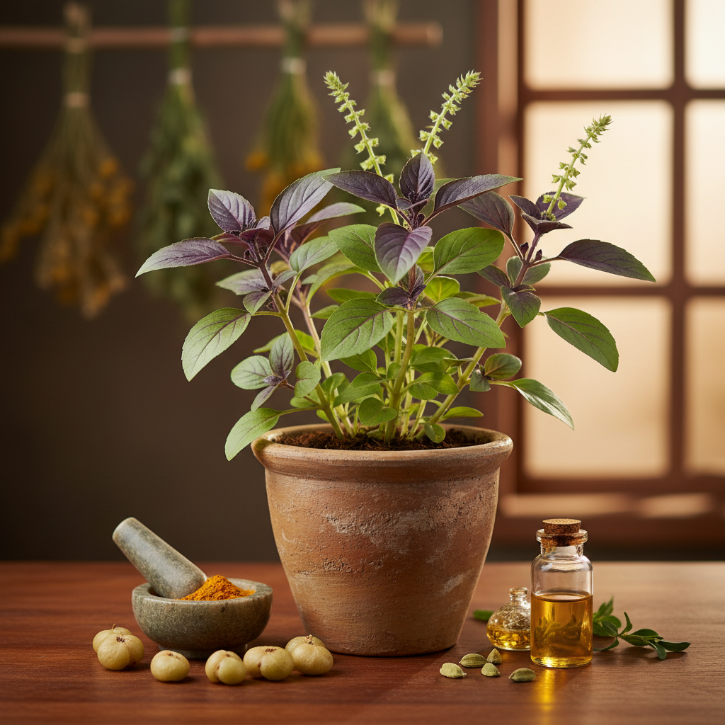 Sveti bosiljak (tulsi) u saksiji, plodovi amle i kurkuma u prahu, predstavljajući tradicionalne i zdrave biljke za kuvanje i lečenje.