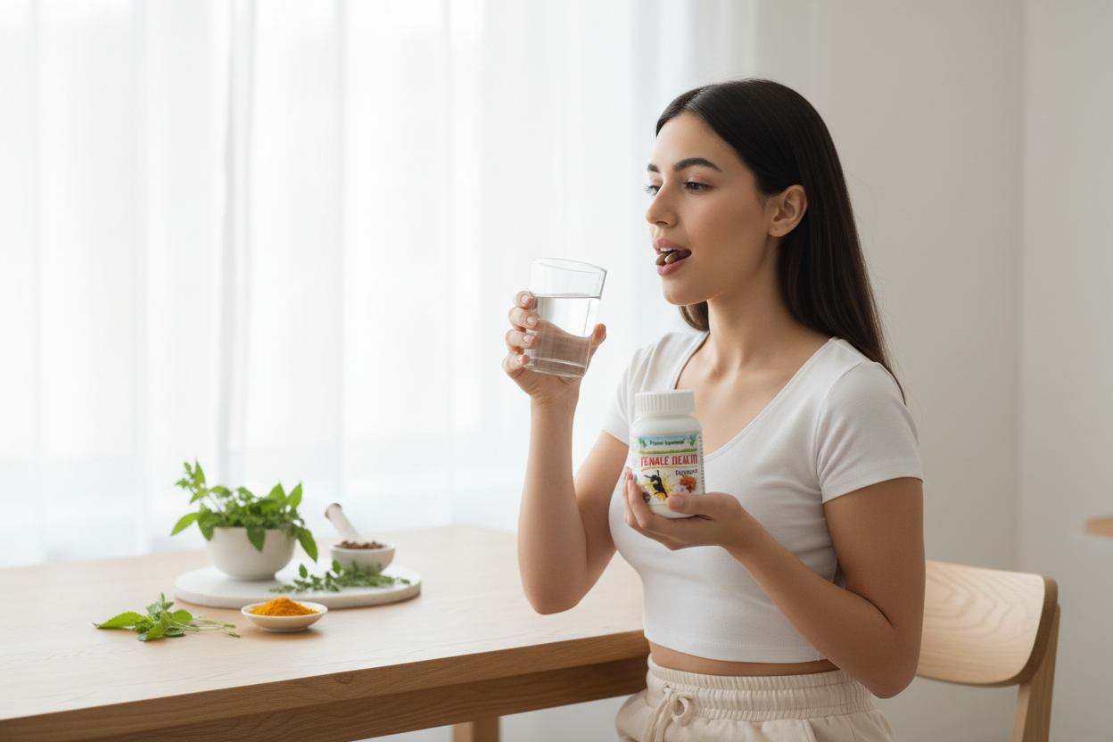 Žena konzumira dodatak ishrani "Female Health" od Planet Ajurvede, sa svežim zdravim biljkama za kuvanje u pozadini.