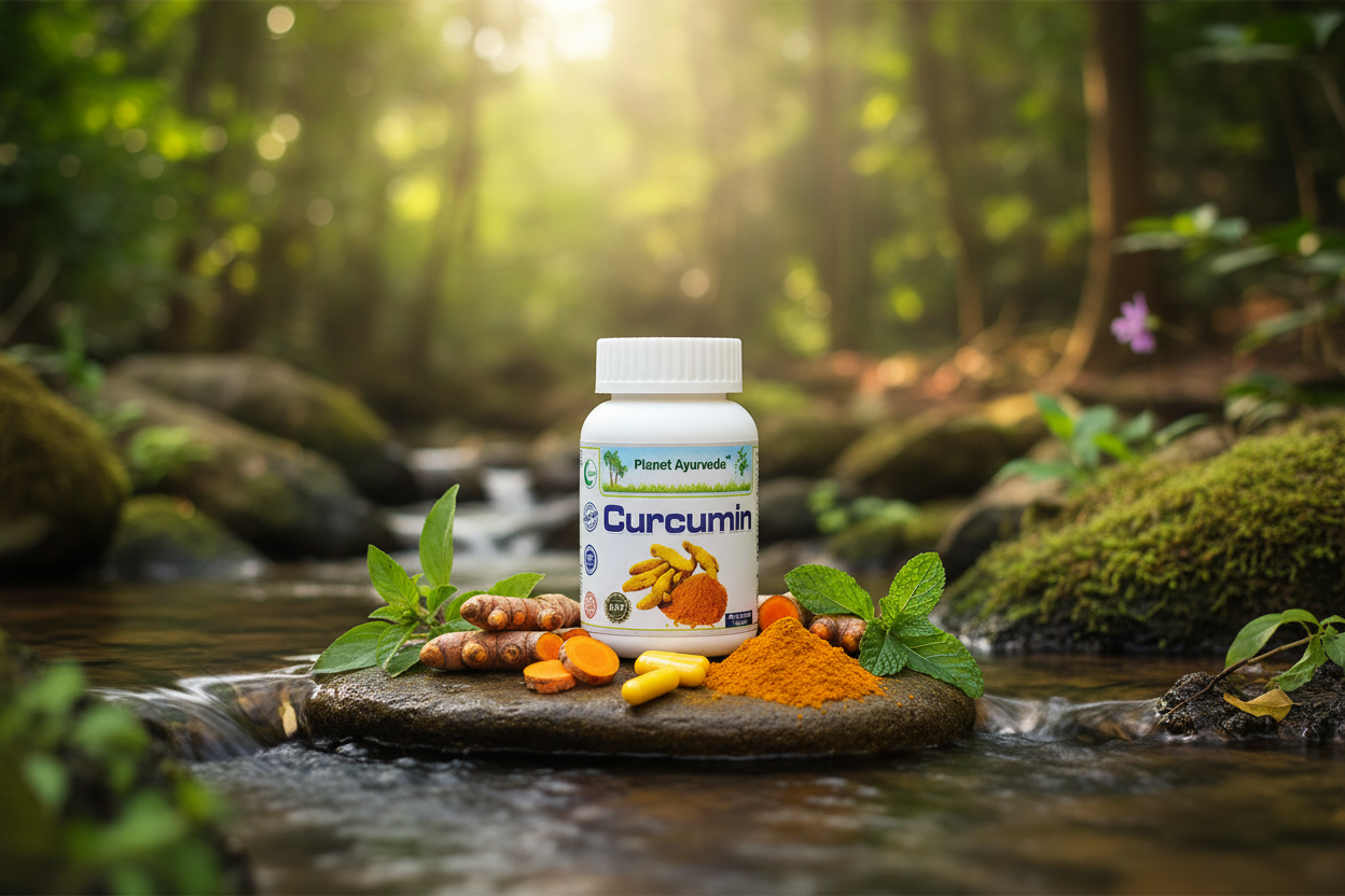 Kurkumin u kapsulama od Planet Ayurveda kao koncentrisana podrška pored tradicionalnog čaja od kurkume i đumbira.