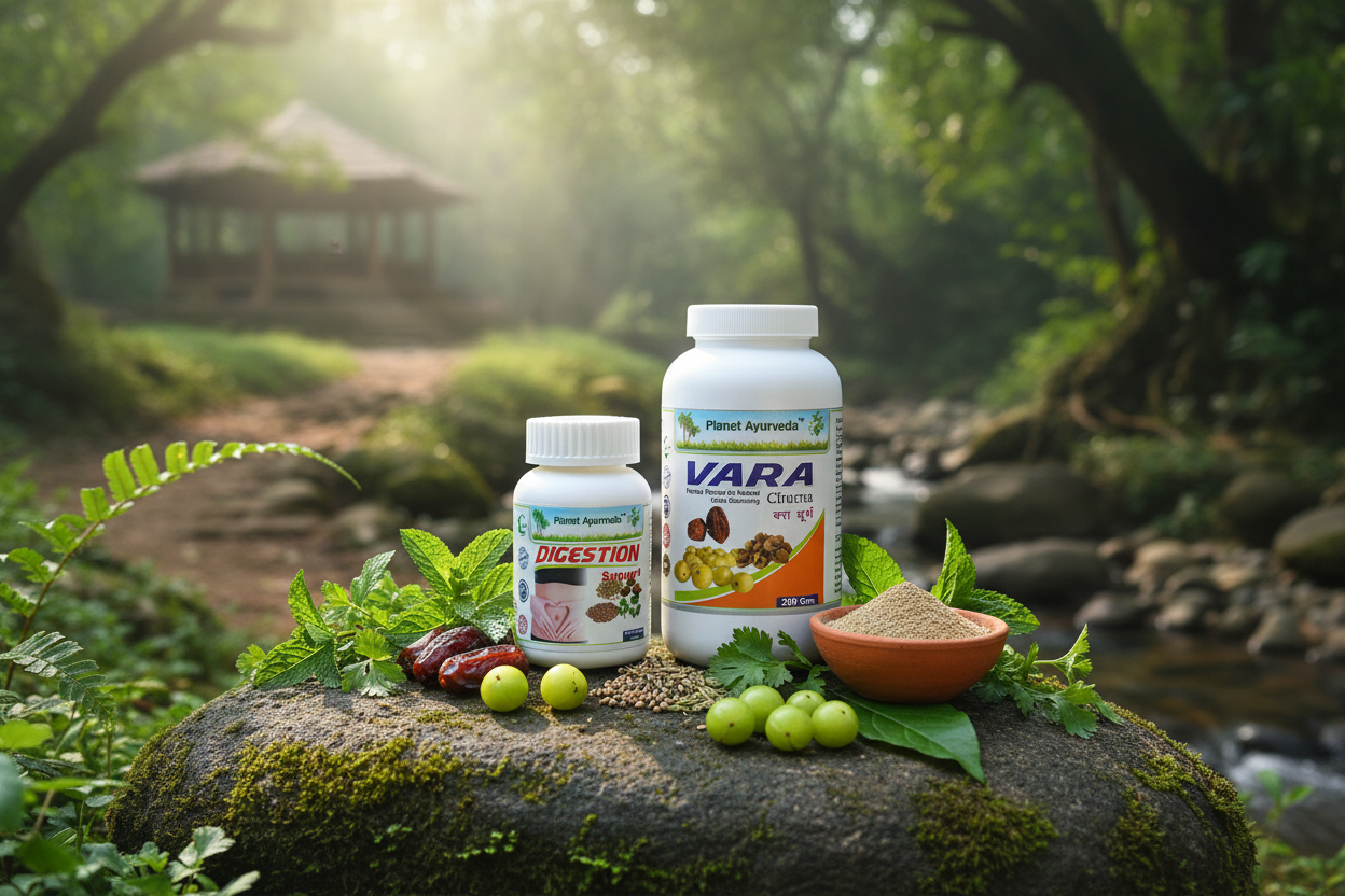 Ajurvedski dodaci Digestion Support i Vara Churna od Planet Ayurveda za probleme sa stomakom.