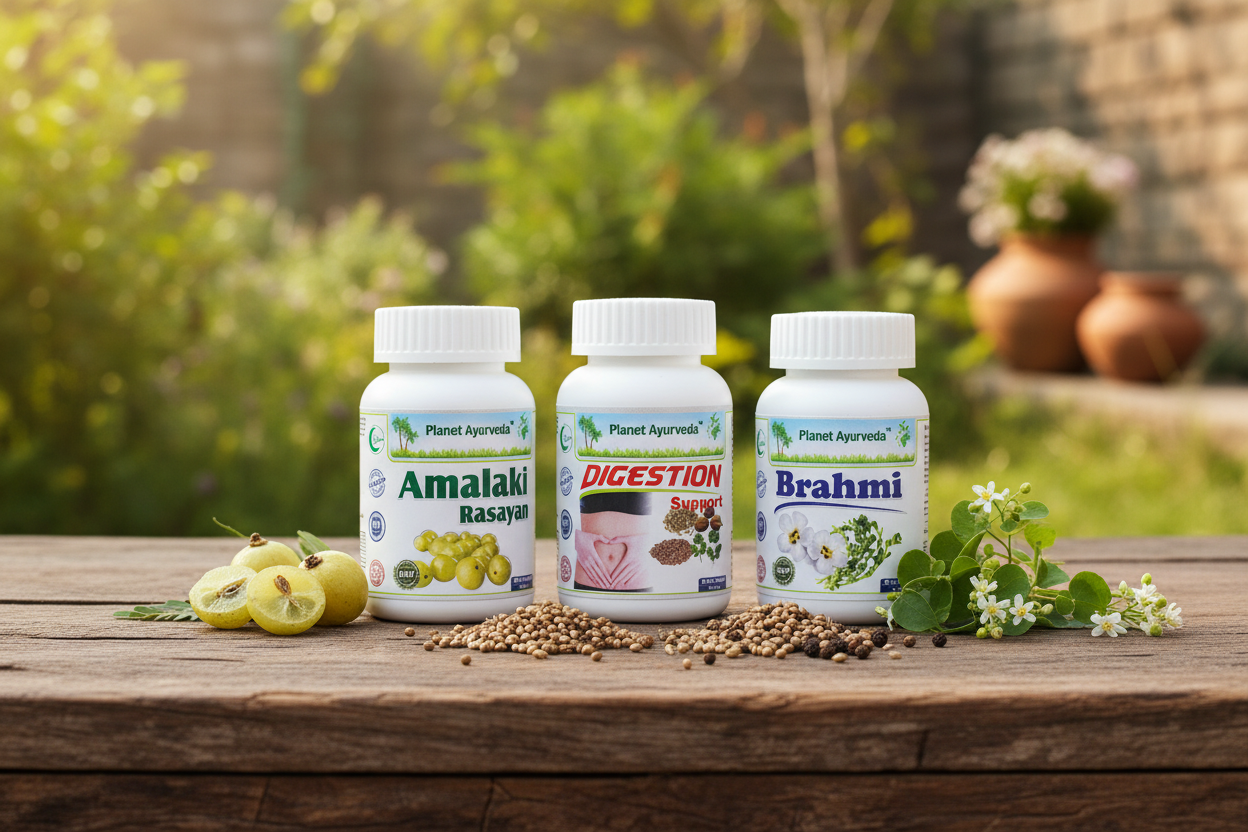 Suplementi Amalaki, Digestion Support i Brahmi od Planet Ayurveda koji dopunjuju dejstvo vaših ajurvedskih osvežavajućih napitaka.