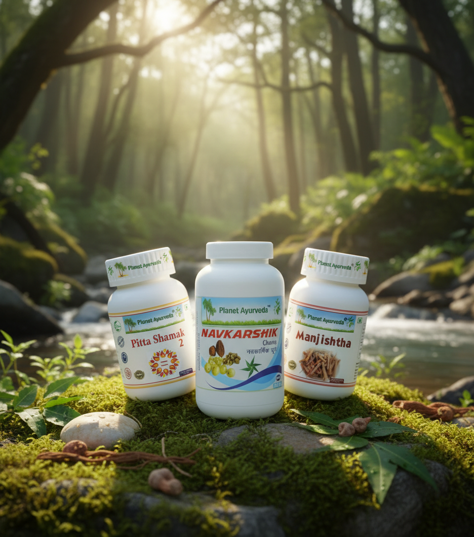 Ajurvedski biljni proizvodi Navkarshik, Manjistha i Pitta Shamak za kompletno prirodno lečenje psorijaze od Planet Ayurveda.