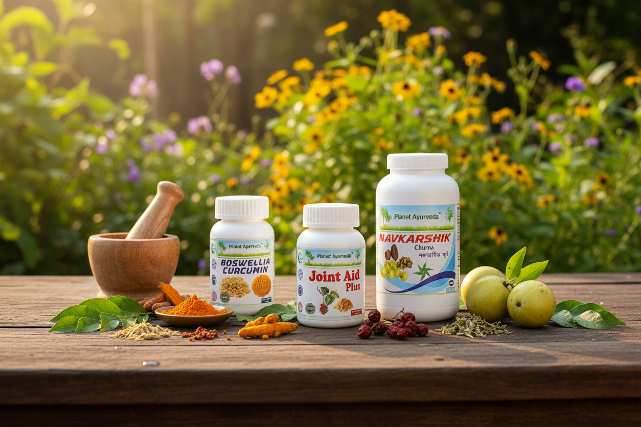 Suplementi od Planet Ayurveda kao Boswellia Curcumin i Joint Aid Plus, koji su deo paketa za artritis prirodni lek.